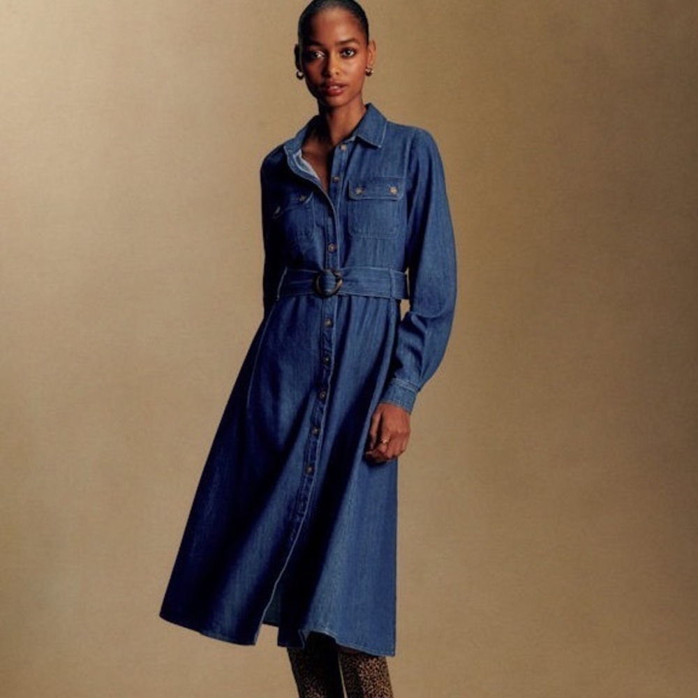 Sezane Tea Dress Deep Blue Denim Sz 36 French US 4 Long Sleeve Cotton Midi Belt
